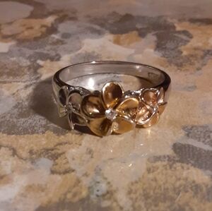 PLUMERA 3 FLOWER Tri-Color Sterling Ring cz 8.25